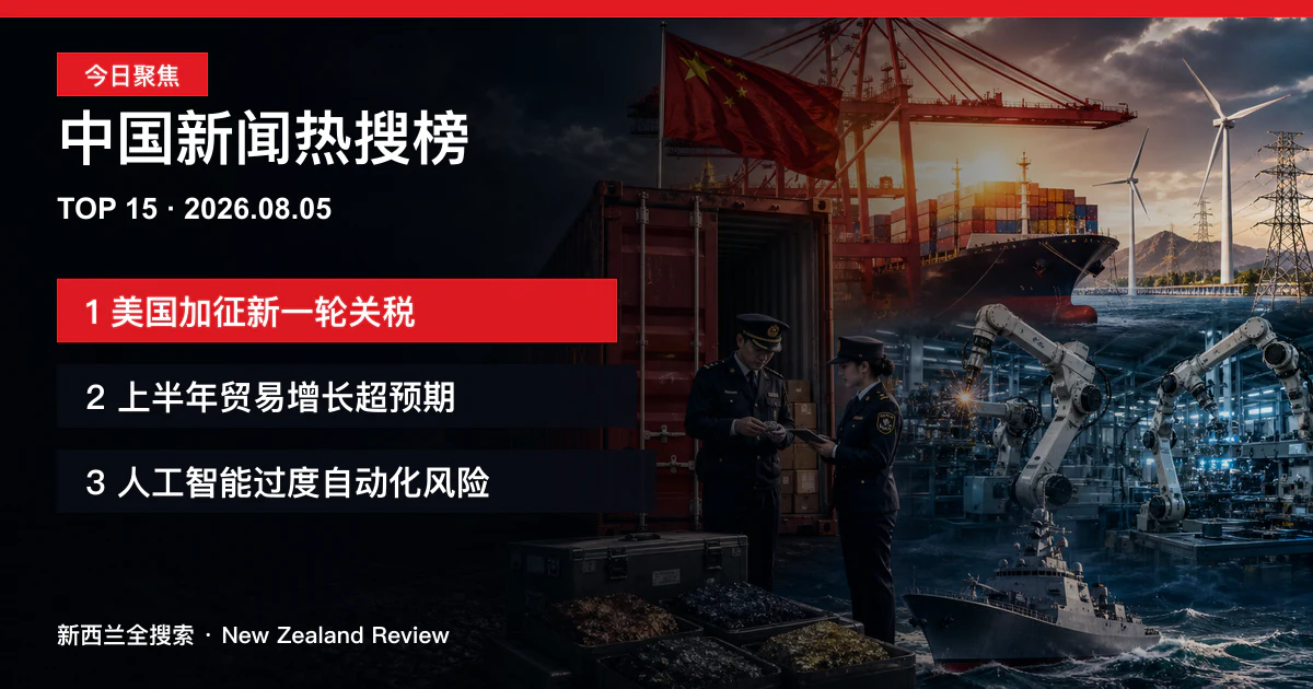 中国新闻热搜榜TOP15｜2026年8月5日｜美国对中国商品加征新关税、中国上半年贸易增长超预期、人工智能过度自动化风险受关注 正式新闻封面图