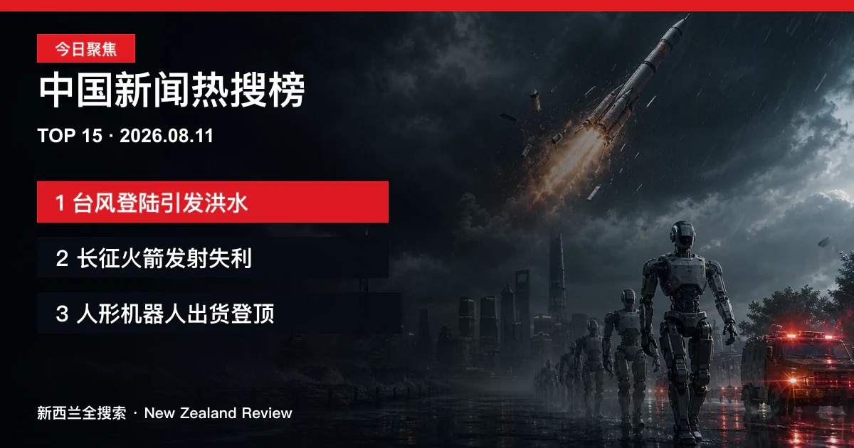 中国新闻热搜榜TOP15｜2026年8月11日｜台风海豚登陆后引发洪水、长征七号甲火箭发射失利、中国人形机器人出货量跃居全球第一 正式新闻封面图