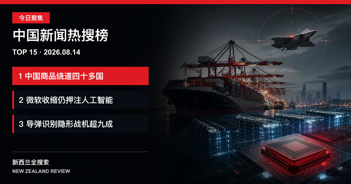 中国新闻热搜榜TOP15｜2026年8月14日｜美国称中国商品绕道四十多国规避关税、微软在中国收缩但押注人工智能、中国导弹人工智能识别隐形战机超九成 正式新闻封面图