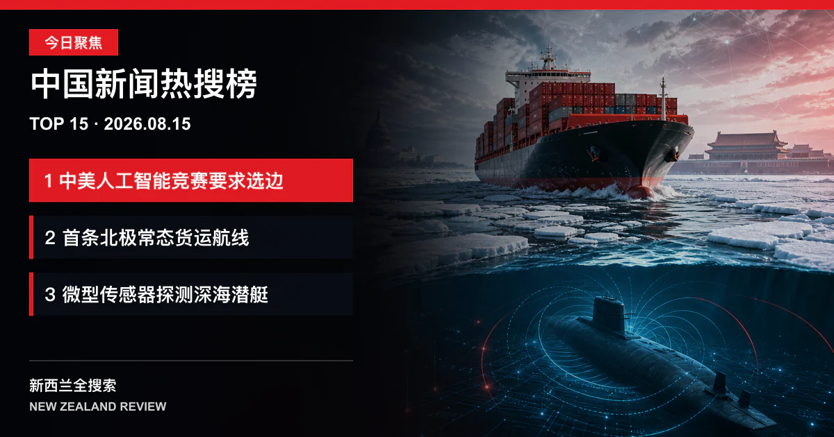 中国新闻热搜榜TOP15｜2026年8月15日｜美国要求伙伴在中美人工智能竞赛中选边、中国开通首条北极常态货运航线、微型传感器或可探测五百米深潜艇 正式新闻封面图