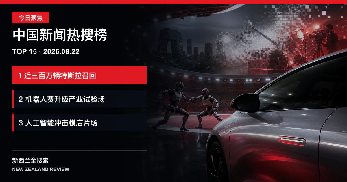 中国新闻热搜榜TOP15｜2026年8月22日｜近三百万辆特斯拉在华召回、机器人运动会升级为产业试验场、人工智能让横店微短剧片场骤冷 正式新闻封面图