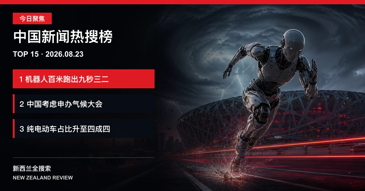 中国新闻热搜榜TOP15｜2026年8月23日｜人形机器人百米跑出九秒三二、中国考虑申办二〇二八年气候大会、七月纯电动车市占率升至四成四 正式新闻封面图