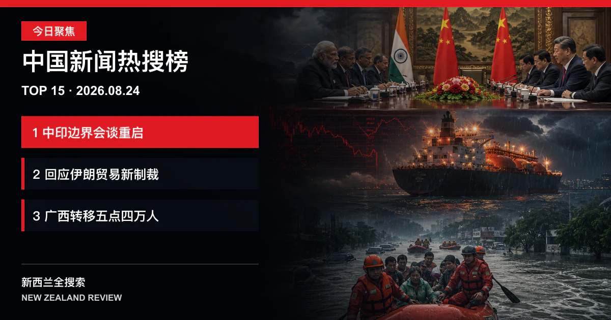 中国新闻热搜榜TOP15｜2026年8月24日｜中印将举行第二十五轮边界特别代表会谈、中国回应美国对伊朗贸易伙伴的新制裁、广西转移约五点四万人应对台风强降雨 正式新闻封面图