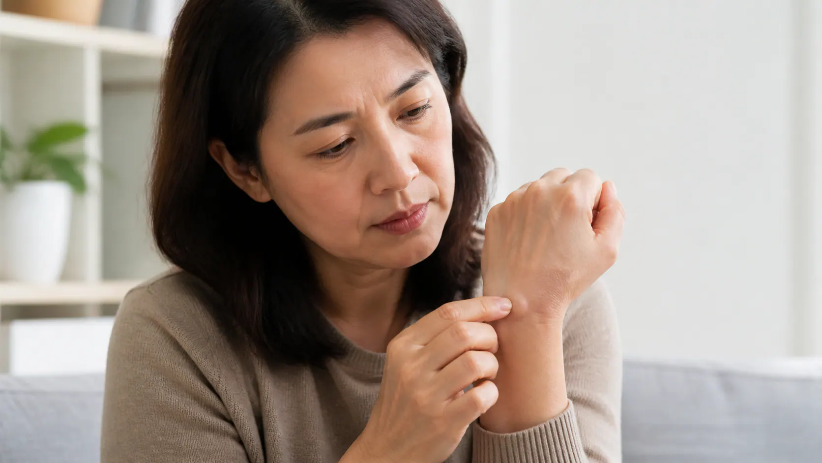 成年人查看手腕上一个小圆形肿块