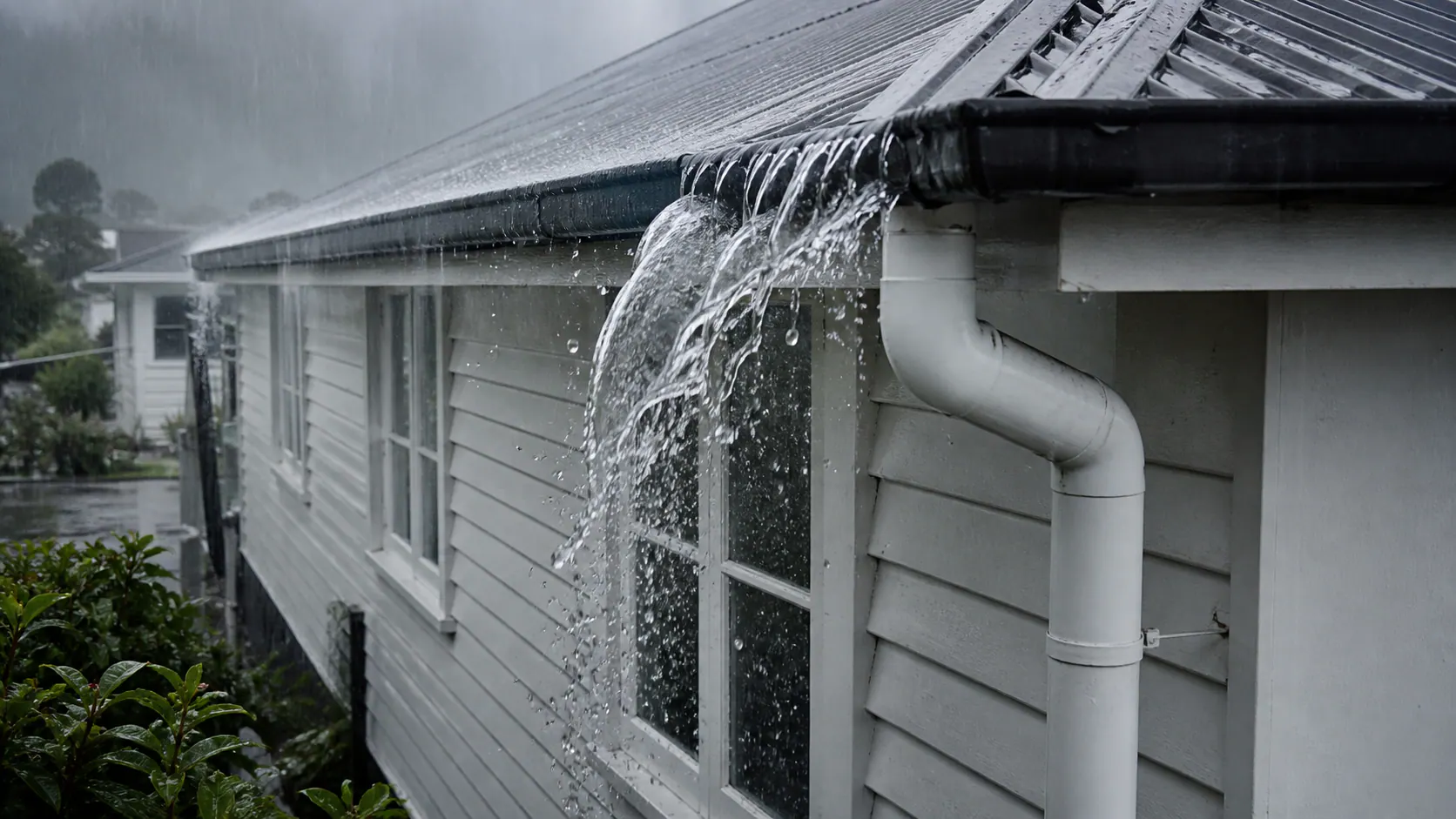 真实新西兰住宅在大雨中，屋檐雨槽局部溢水并流向外侧