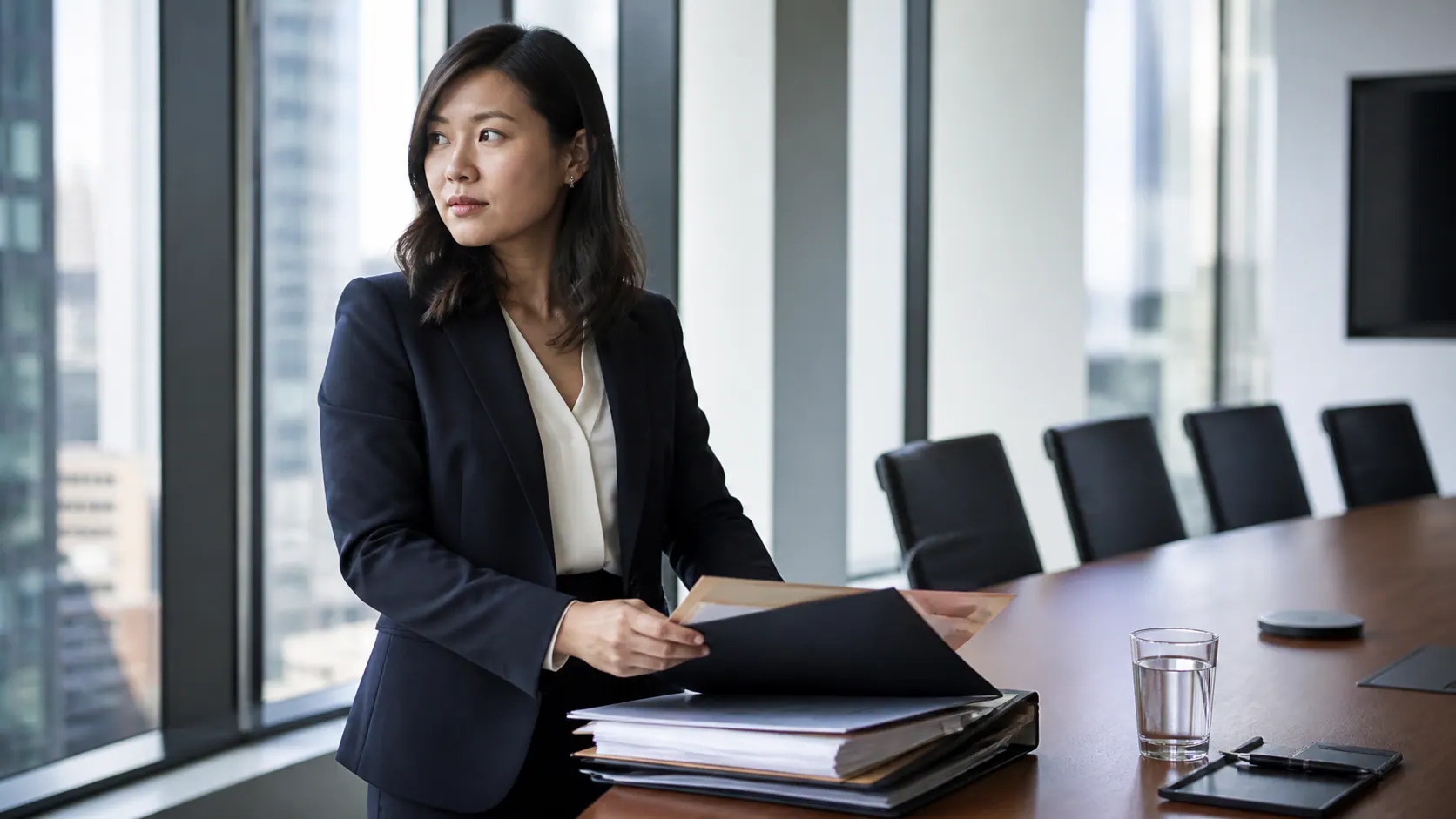 刚获升职的职业人士独自在明亮办公室里整理文件并沉思