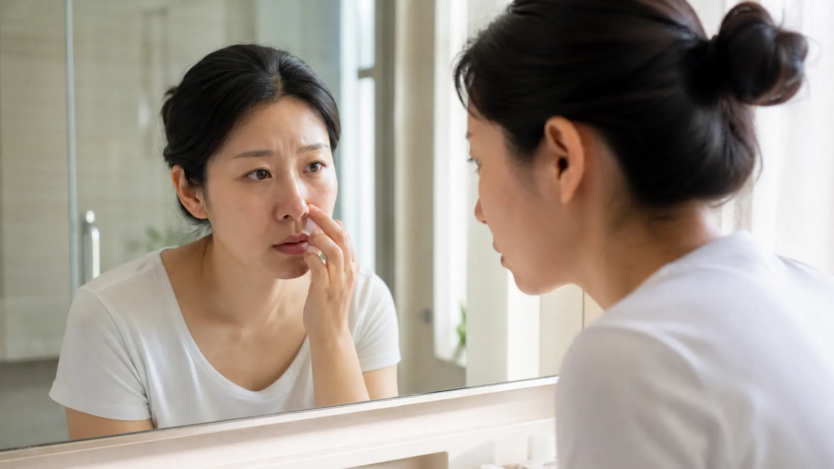 真实成年人对着浴室镜子轻触鼻孔入口附近的疼痛位置
