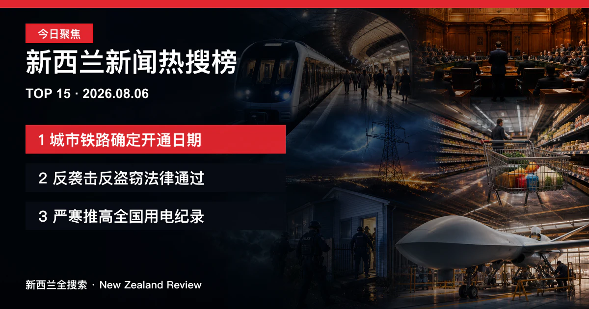 新西兰新闻热搜榜TOP15｜2026年8月6日｜奥克兰城市铁路确定开通日、新反袭击与反盗窃法通过、严寒推高全国用电纪录 正式新闻封面图