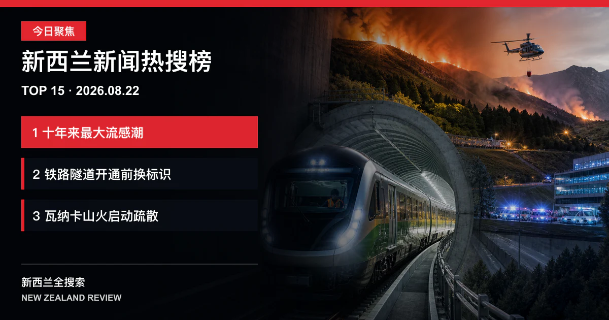 新西兰新闻热搜榜TOP15｜2026年8月22日｜十年来最大流感潮压住医疗系统、奥克兰铁路隧道开通前更换全网标识、瓦纳卡山火逼近社区启动疏散 正式新闻封面图