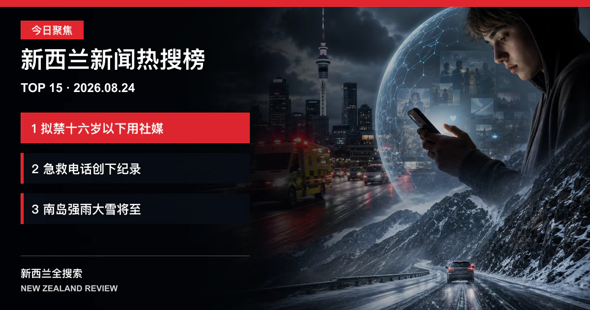 新西兰新闻热搜榜TOP15｜2026年8月24日｜政府提出禁止十六岁以下儿童使用高风险社交平台、急救电话创纪录后召回前线资格员工、南岛星期三起面临强降雨与大雪 正式新闻封面图