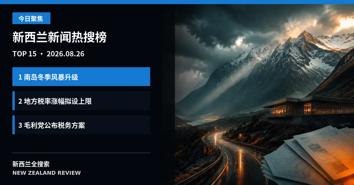 新西兰新闻热搜榜｜2026年8月26日｜南岛冬季风暴、地税涨幅上限、毛利党税务方案 正式新闻封面图