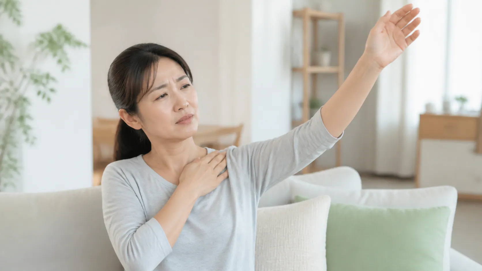 真实成年人抬高手臂时触摸锁骨下方并感到一侧手臂麻木