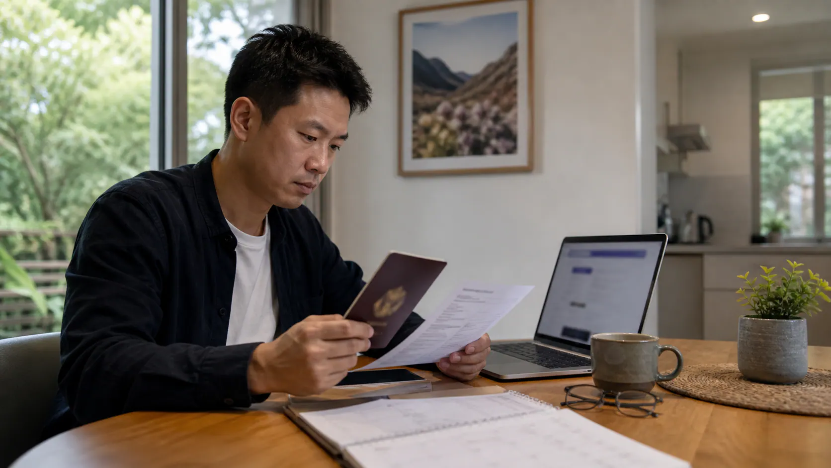 真实申请人在桌边核对签证拒签信、护照和日历