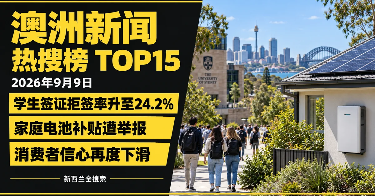 澳洲新闻热搜榜TOP15｜2026年9月9日｜学生签证拒签率升至24.2%、家庭电池补贴遭举报、消费者信心再度下滑；AI生成新闻主题示意图