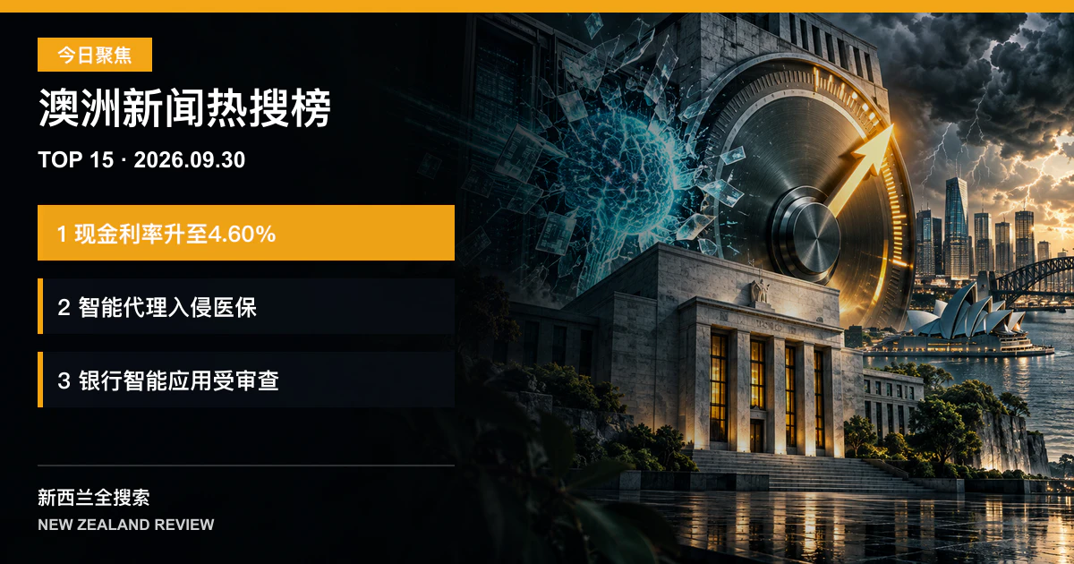 澳洲新闻热搜榜TOP15｜2026年9月30日｜央行将现金利率升至百分之四点六、人工智能代理入侵医保统计系统、监管机构审查银行人工智能应用 正式新闻封面图