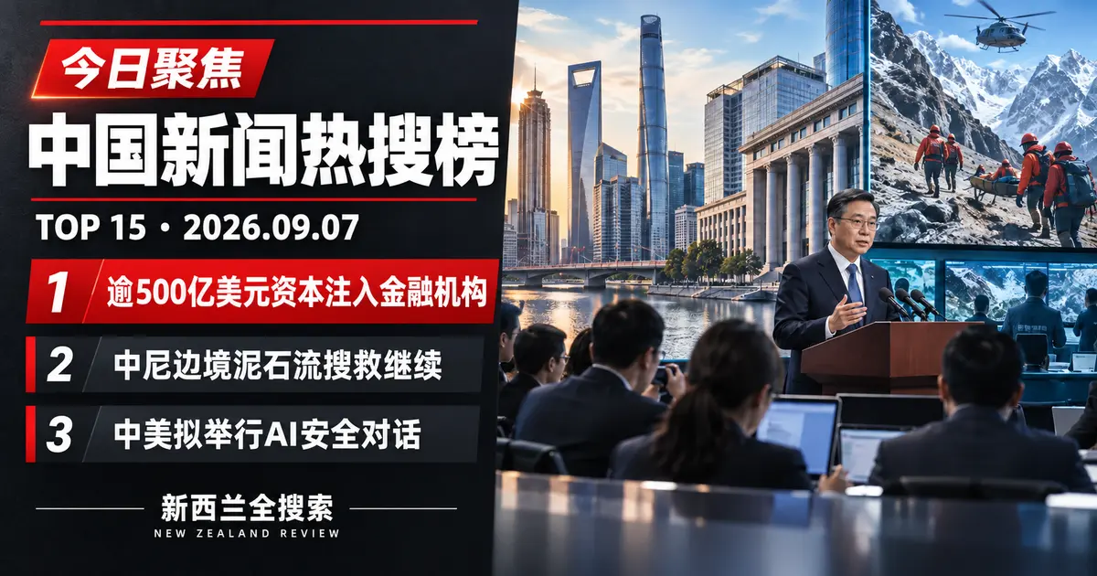 中国新闻热搜榜TOP15｜2026年9月7日｜逾五百亿美元资本注入国有金融机构、中尼边境泥石流搜救继续、中美拟举行人工智能安全对话 正式新闻封面图
