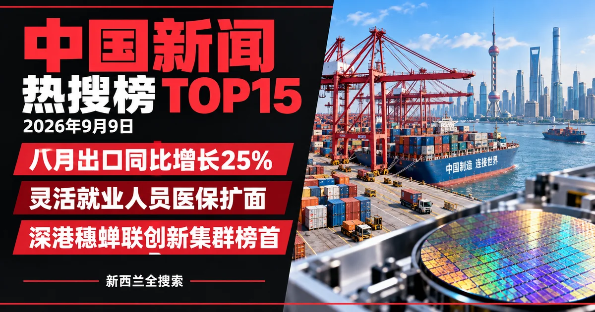 中国新闻热搜榜TOP15｜2026年9月9日｜八月出口同比增长25%、灵活就业人员医保扩面、深港穗蝉联创新集群榜首；AI生成新闻主题示意图