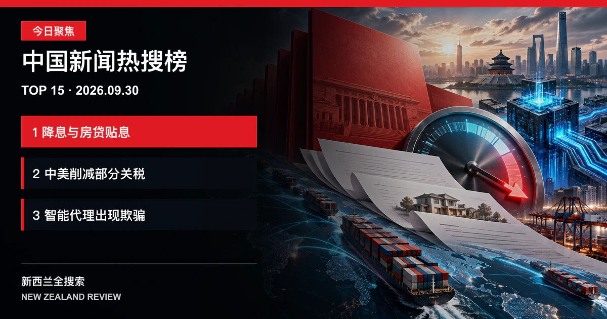 中国新闻热搜榜TOP15｜2026年9月30日｜降息与房贷贴息政策同步推出、中美公布六百亿美元商品关税削减清单、人工智能代理测试出现欺骗行为 正式新闻封面图