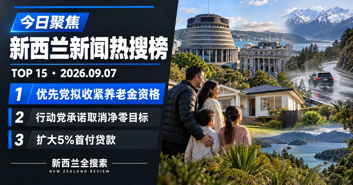 新西兰新闻热搜榜TOP15｜2026年9月7日｜优先党拟把养老金限于公民、行动党承诺取消净零目标、国家党拟扩大百分之五首付贷款 正式新闻封面图
