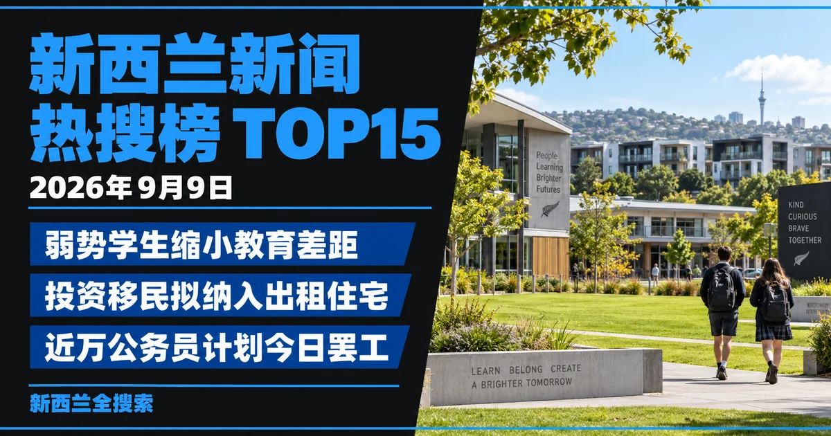 新西兰新闻热搜榜TOP15｜2026年9月9日｜弱势学生缩小教育差距、投资移民拟纳入出租住宅、近万公务员计划今日罢工；AI生成新闻主题示意图