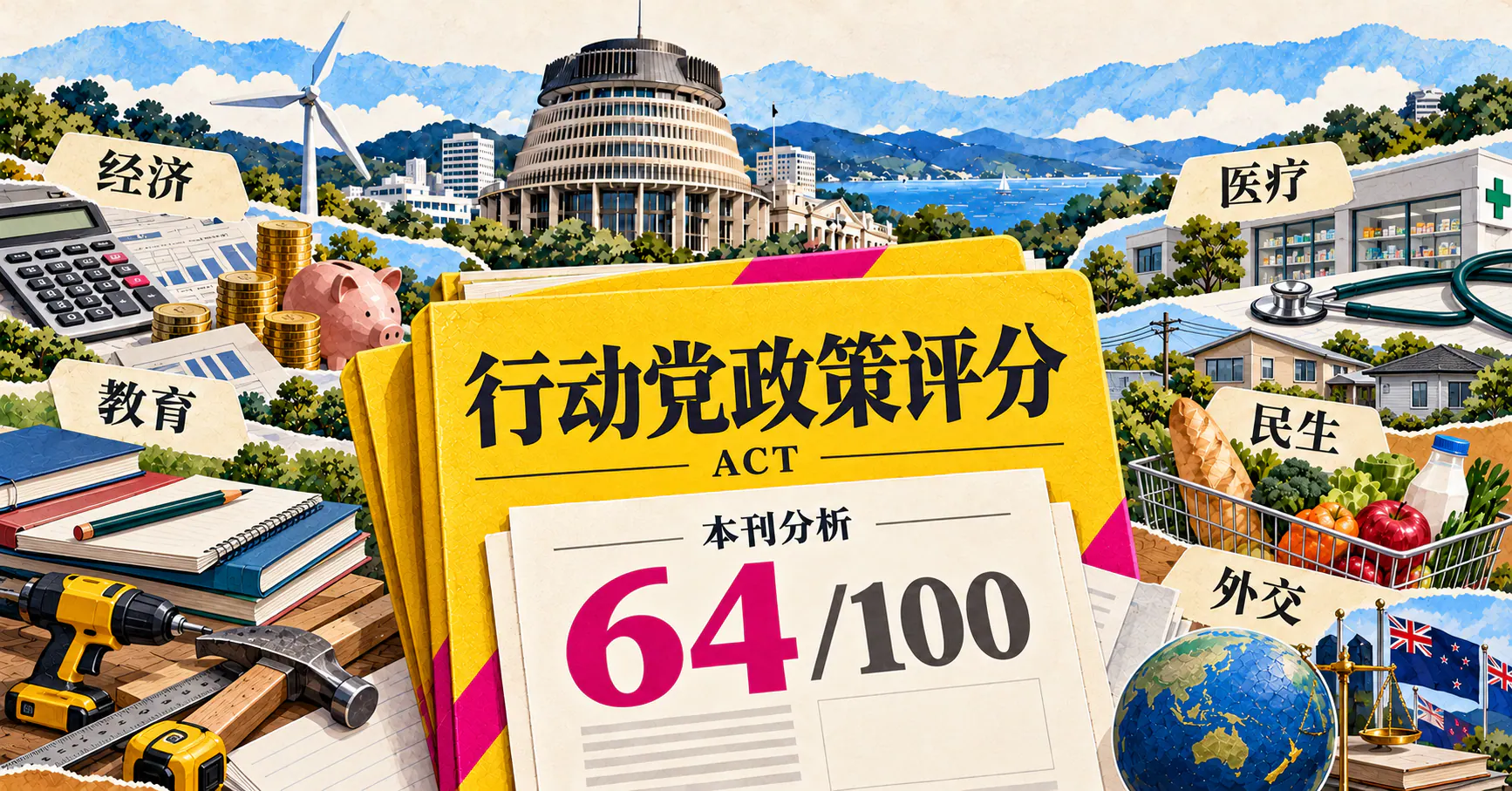 AI生成的ACT行动党政策评分概念插画：黄色政策文件与64/100本刊分析评分，配有财政、医疗、教育、住房和外交元素。