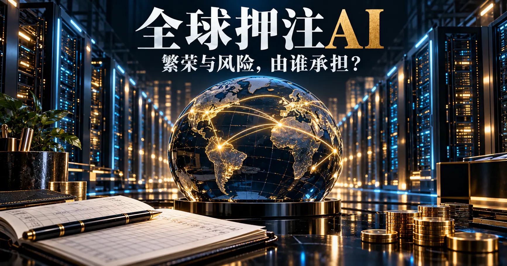 写实风格概念合成封面：玻璃地球、服务器机柜与家庭账本，表现AI资本联系。