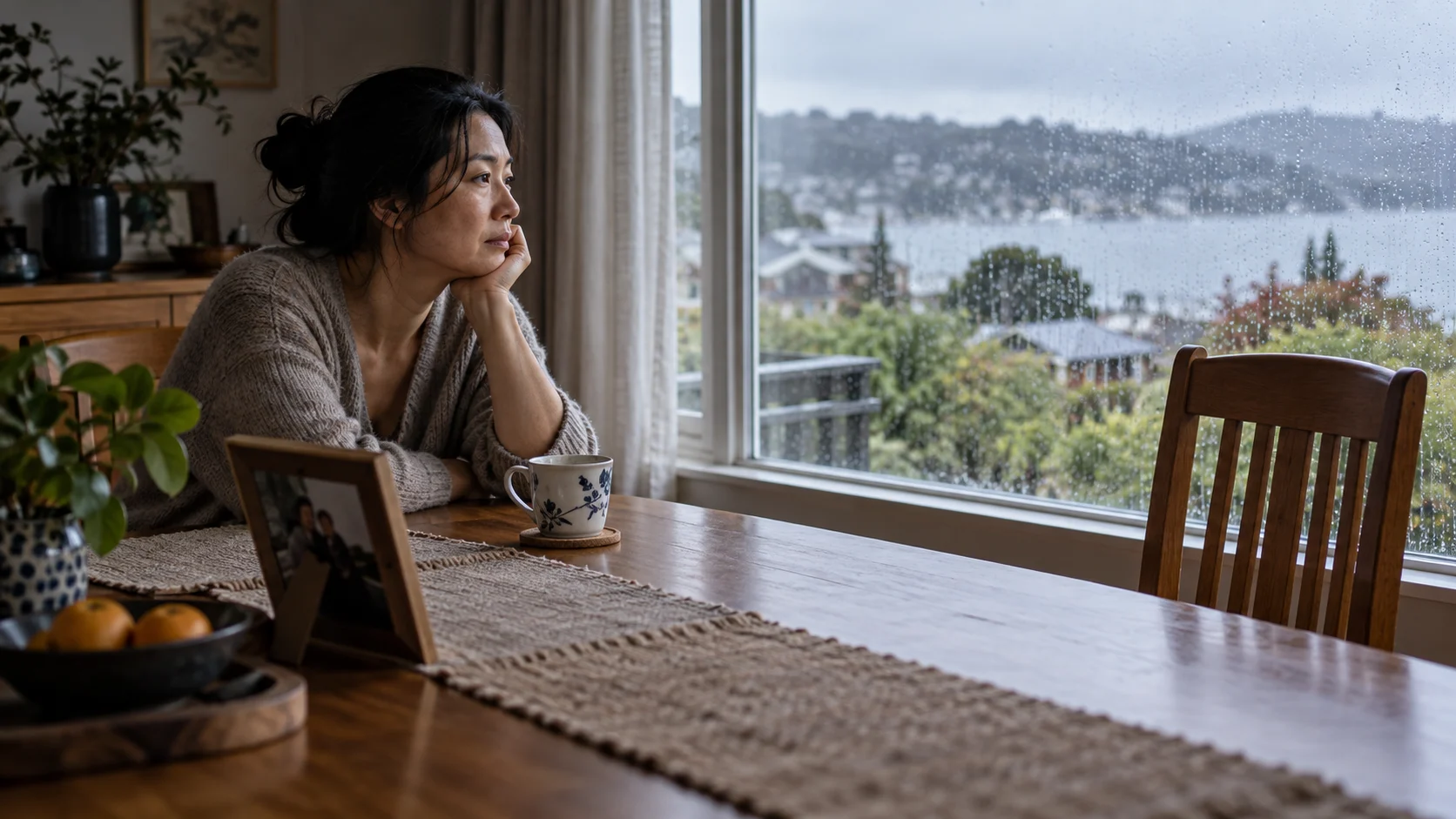 华人女性在雨后窗边面对一张空椅、旧照片和未喝完的茶，表达没有明确结局的失落，无文字