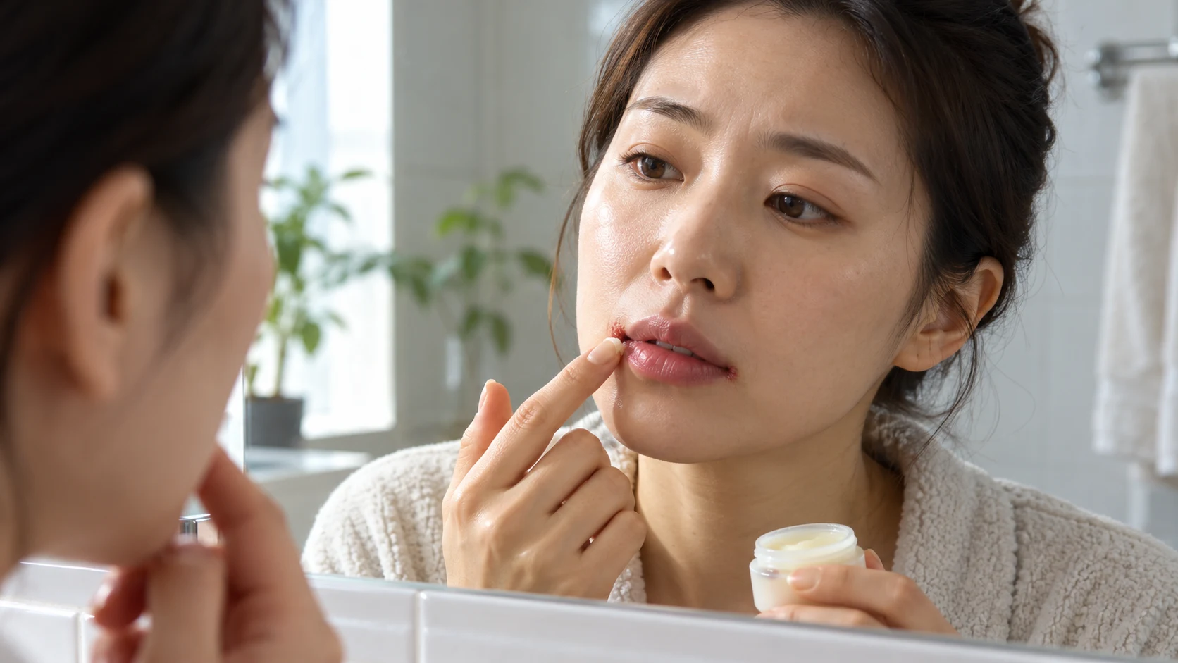 真实成年人对镜查看嘴角细小红裂口并涂抹无品牌保护膏，无文字