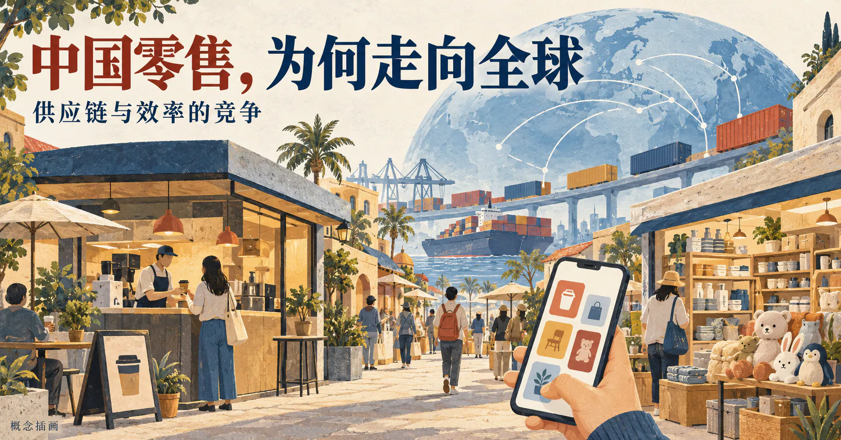 AI生成的中国零售出海概念插画：无品牌咖啡店、生活用品店、手机订购与货运网络，非真实开业活动。