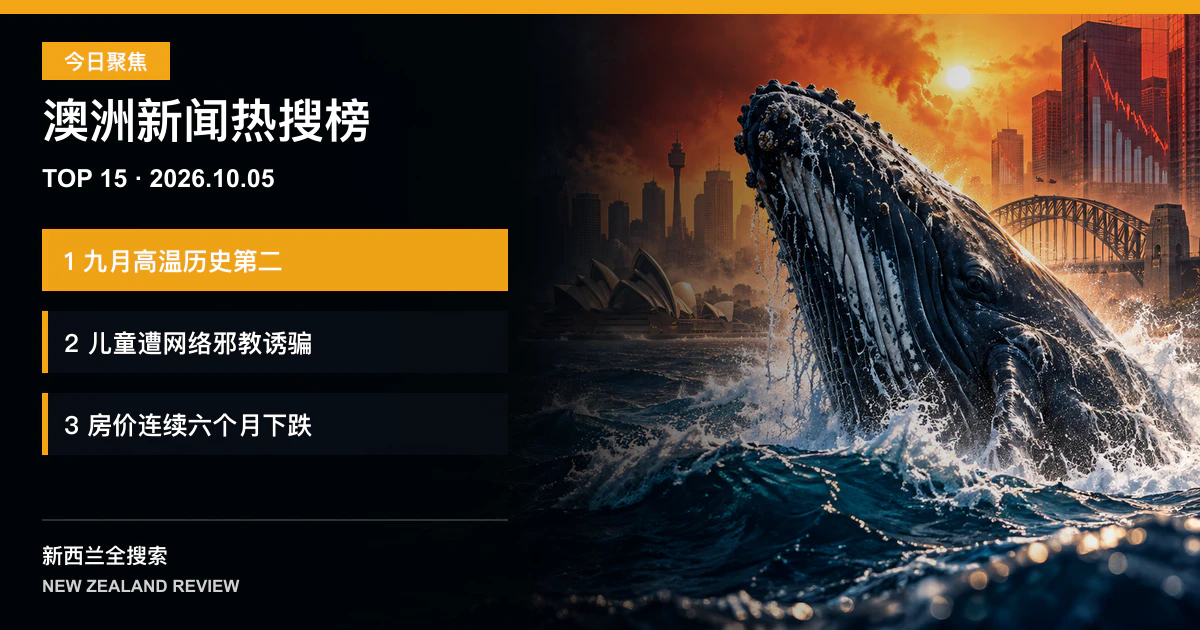 澳洲新闻热搜榜TOP15｜2026年10月5日｜九月高温创历史第二、儿童遭网络邪教诱骗、房价连续六个月下跌 正式新闻封面图