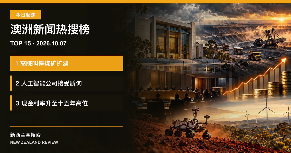 澳洲新闻热搜榜TOP15｜2026年10月7日｜高院叫停煤矿扩建、公开听证追问人工智能公司、现金利率升至十五年高位 正式新闻封面图