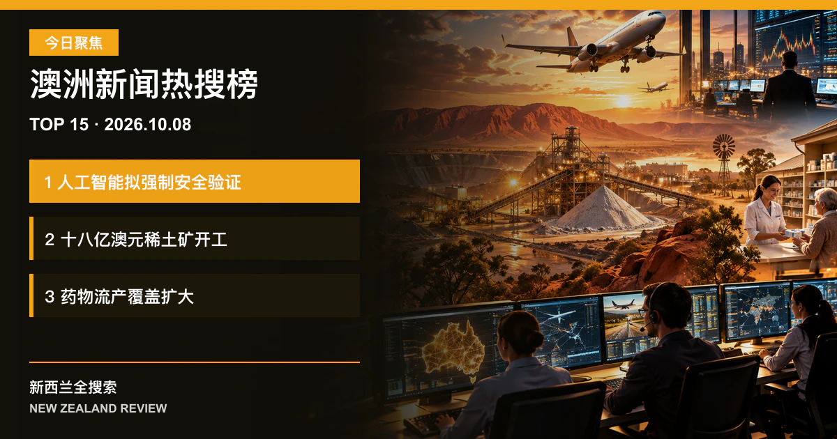 澳洲新闻热搜榜TOP15｜2026年10月8日｜人工智能拟按航空银行规则监管、十八亿澳元稀土矿开工、药物流产覆盖范围扩大 正式新闻封面图