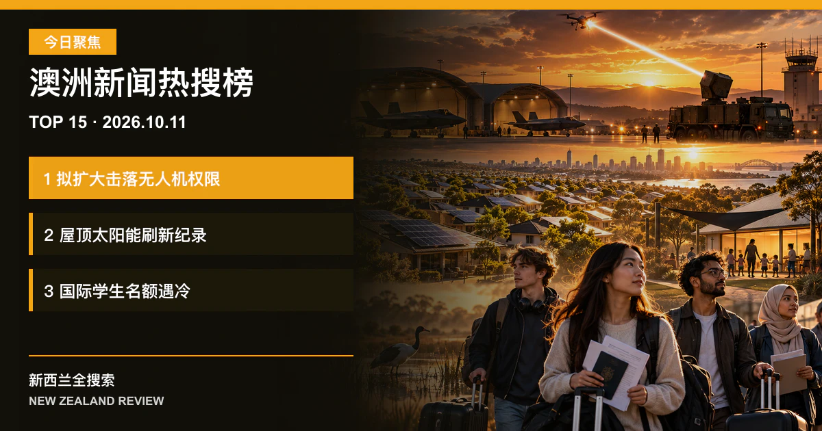 澳洲新闻热搜榜TOP15｜2026年10月11日｜拟扩大击落闯入无人机权限、屋顶太阳能安装刷新纪录、国际学生名额平均仅填满三分之二 正式新闻封面图