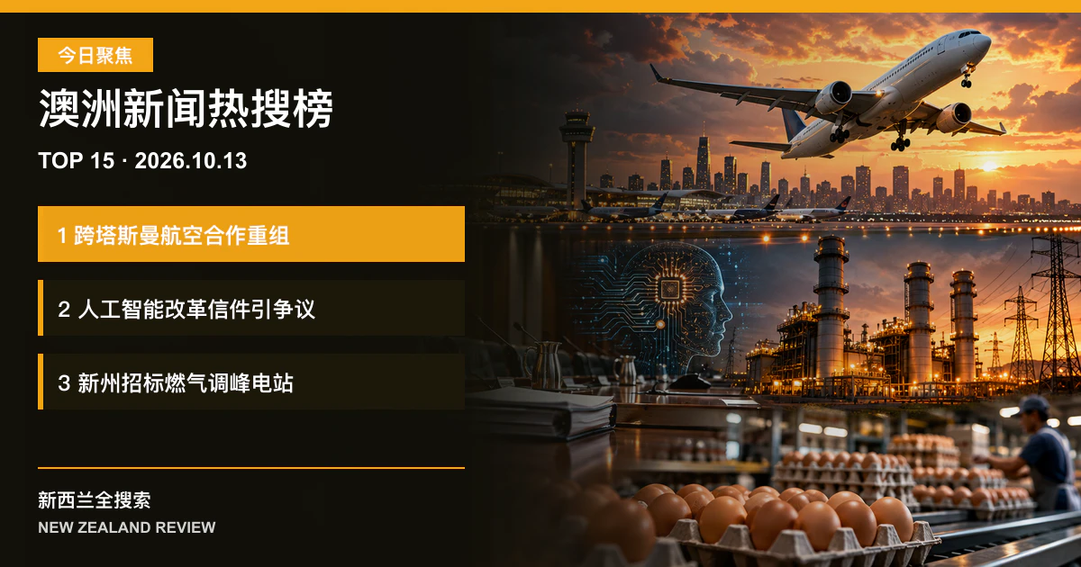 澳洲新闻热搜榜TOP15｜2026年10月13日｜跨塔斯曼航空合作重组、人工智能改革信件引争议、新州招标燃气调峰电站 正式新闻封面图