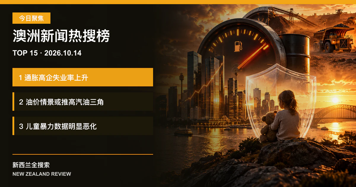 澳洲新闻热搜榜TOP15｜2026年10月14日｜通胀高企失业率上升、油价情景或推高汽油三角、儿童暴力数据明显恶化 正式新闻封面图