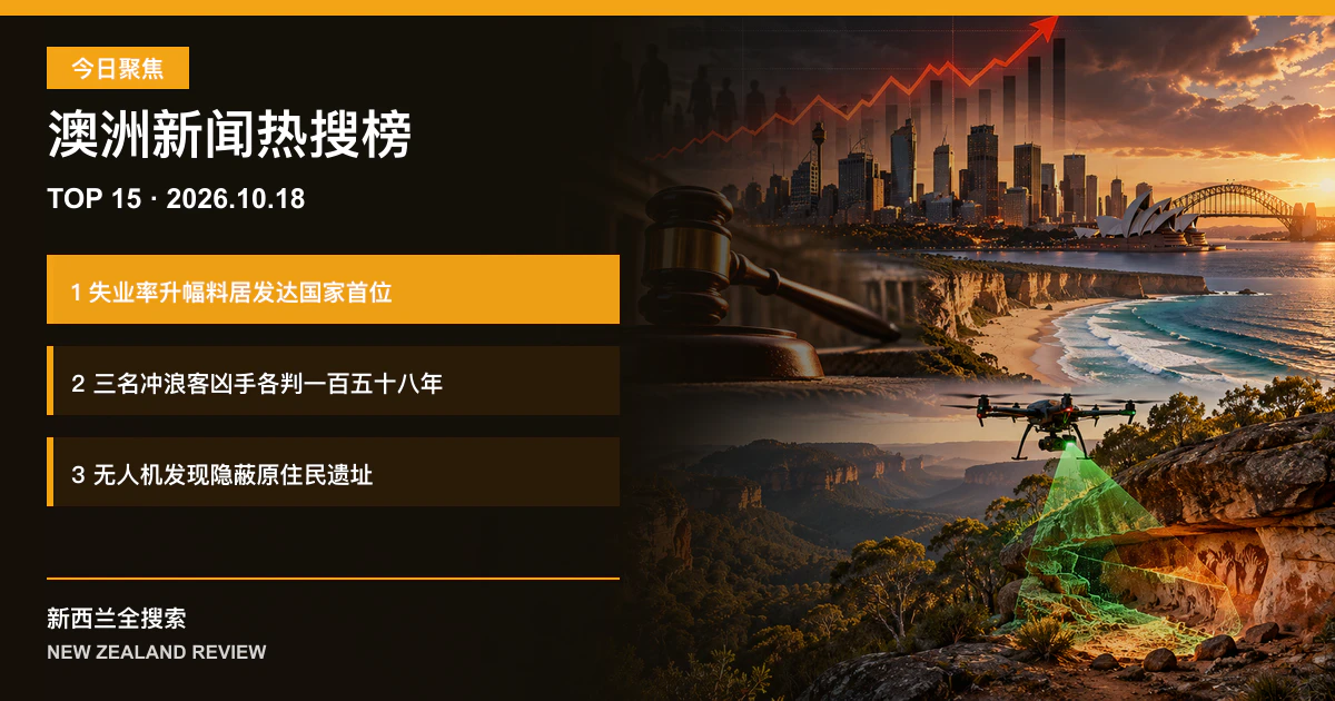 澳洲新闻热搜榜TOP15｜2026年10月18日｜失业率升幅料居发达国家首位、三名冲浪客凶手各判一百五十八年、无人机发现隐蔽原住民遗址 正式新闻封面图