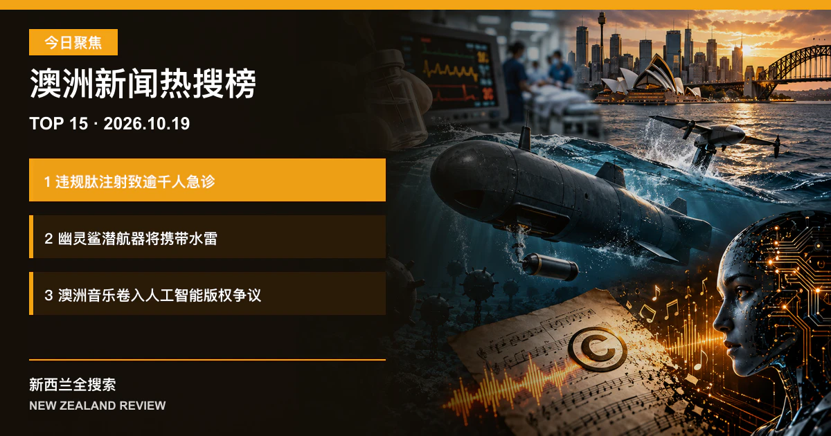 澳洲新闻热搜榜TOP15｜2026年10月19日｜违规肽注射致逾千人急诊、幽灵鲨潜航器将携带水雷、澳洲音乐卷入人工智能版权争议 正式新闻封面图