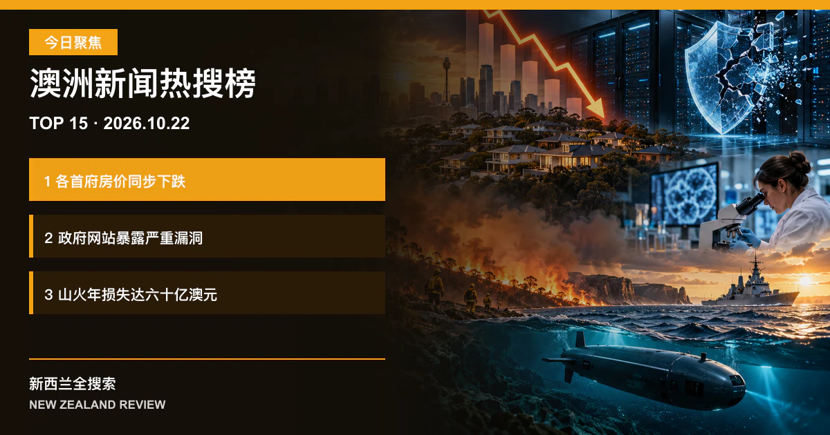 澳洲新闻热搜榜TOP15｜2026年10月22日｜各首府房价同步下跌、政府网站暴露严重漏洞、山火年损失达六十亿澳元 正式新闻封面图