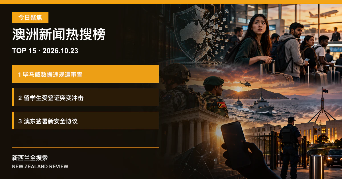 澳洲新闻热搜榜TOP15｜2026年10月23日｜毕马威数据违规遭审查、留学生受签证突变冲击、澳东签署新安全协议 正式新闻封面图