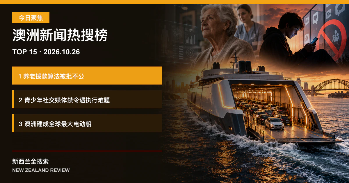 澳洲新闻热搜榜TOP15｜2026年10月26日｜养老拨款算法被批不公、青少年社交媒体禁令遇执行难题、澳洲建成全球最大电动船 正式新闻封面图