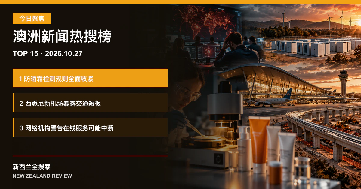 澳洲新闻热搜榜TOP15｜2026年10月27日｜防晒霜检测规则因标签失准全面收紧、西悉尼新机场交通接驳暴露短板、网络安全机构警告在线服务可能突然中断