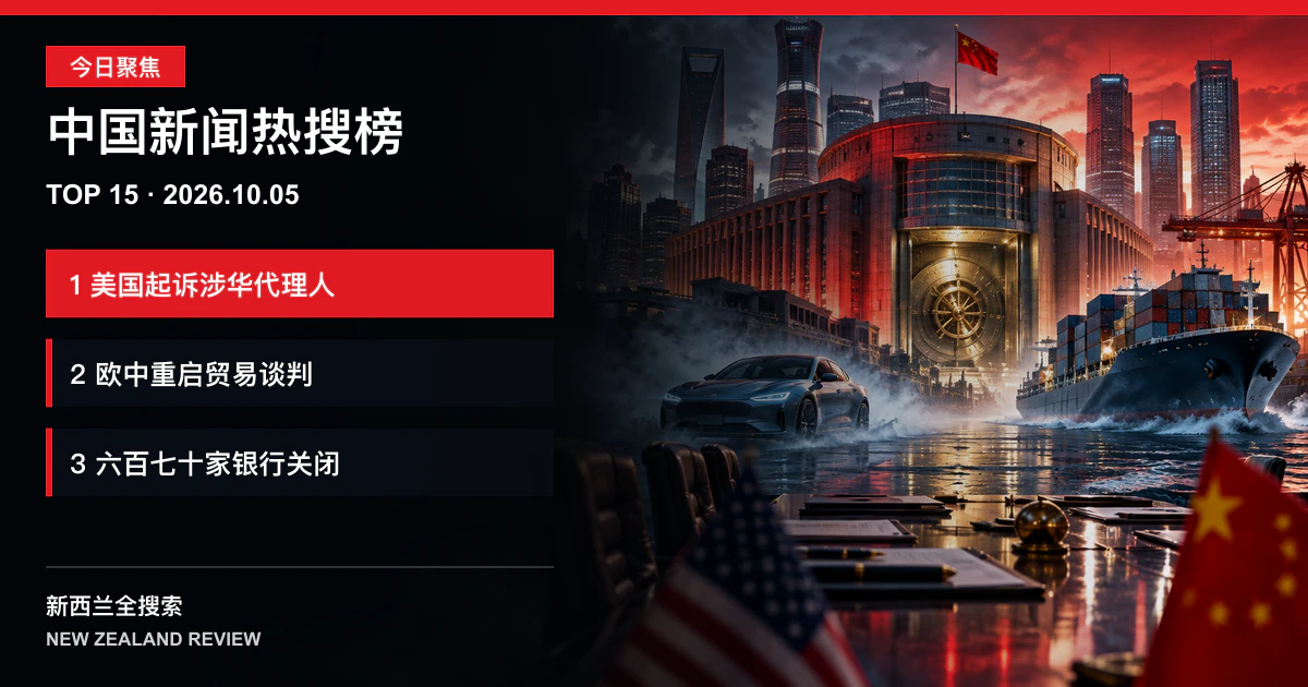 中国新闻热搜榜TOP15｜2026年10月5日｜美国起诉涉华外国代理人、欧中重启贸易谈判、一年关闭六百七十家银行 正式新闻封面图