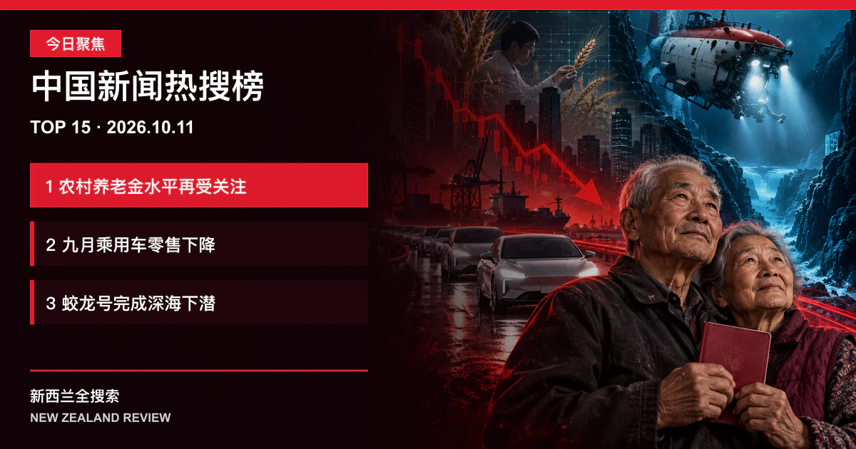 中国新闻热搜榜TOP15｜2026年10月11日｜农村养老金水平再受关注、九月乘用车零售下降、蛟龙号完成第四百六十六次下潜 正式新闻封面图