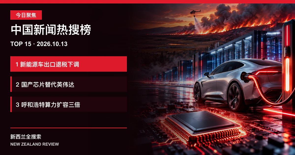中国新闻热搜榜TOP15｜2026年10月13日｜新能源车出口退税下调、国产芯片替代英伟达、呼和浩特算力扩容三倍 正式新闻封面图