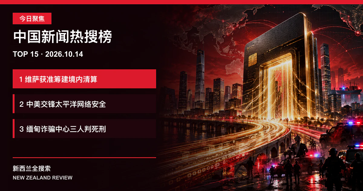 中国新闻热搜榜TOP15｜2026年10月14日｜维萨获准筹建境内清算、中美交锋太平洋网络安全、缅甸诈骗中心三人判死刑 正式新闻封面图