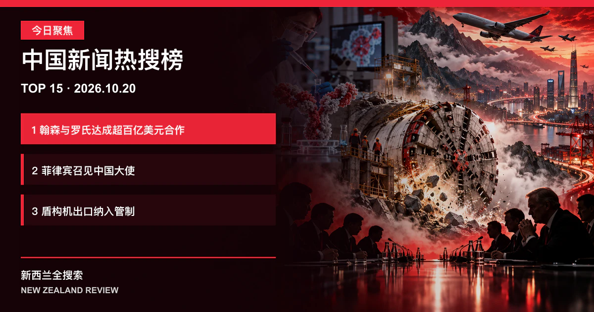 中国新闻热搜榜TOP15｜2026年10月20日｜翰森与罗氏达成超百亿美元合作、菲律宾召见中国大使、盾构机出口纳入管制 正式新闻封面图