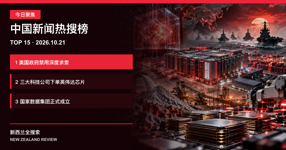 中国新闻热搜榜TOP15｜2026年10月21日｜美国政府禁用深度求索、三大科技公司下单英伟达芯片、国家数据集团正式成立 正式新闻封面图