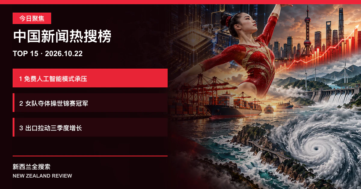中国新闻热搜榜TOP15｜2026年10月22日｜免费人工智能模式承压、女队夺体操世锦赛冠军、出口拉动三季度增长 正式新闻封面图