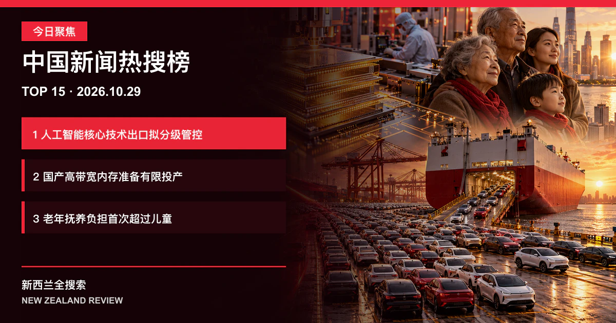 中国新闻热搜榜TOP15｜2026年10月29日｜人工智能核心技术出口拟分级管控、国产高带宽内存准备有限投产、老年抚养负担首次超过儿童 正式新闻封面图