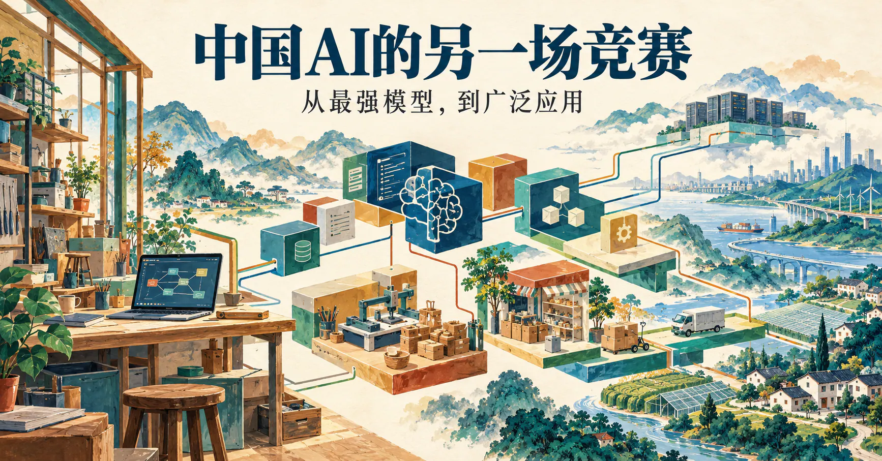 中国AI产业应用主题原创插画，以模块网络连接工作站、小企业与工业场景。